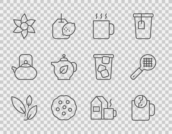 设置茶叶线 饼干或饼干 茶壶与 牛奶和滤清器处理图标 — 图库矢量图片