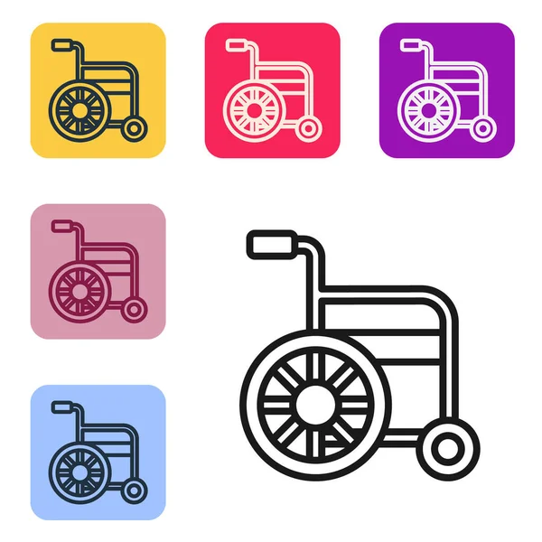 Czarna Linia Wózek Inwalidzki Dla Osoby Niepełnosprawnej Ikona Izolowana Białym — Wektor stockowy