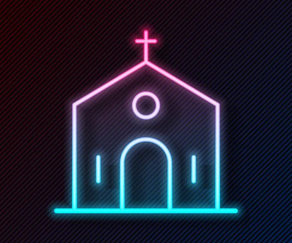 黒い背景に孤立したネオンライン教会の建物のアイコンを光る キリスト教会 教会の宗教 ベクトル — ストックベクタ