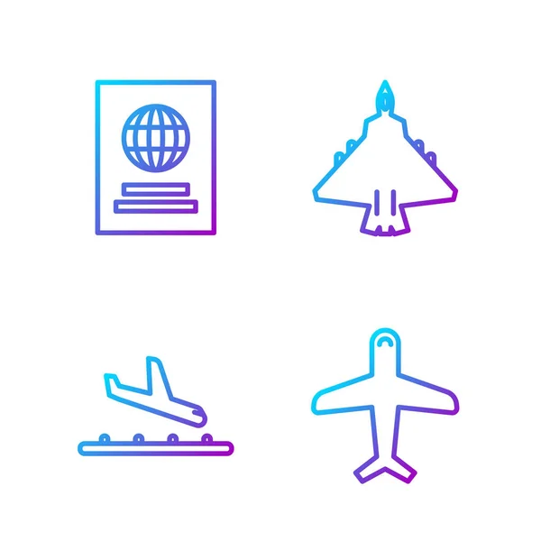 Plano Línea Fija Aterrizaje Avión Pasaporte Caza Reacción Iconos Color — Archivo Imágenes Vectoriales