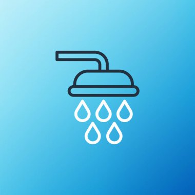 Mavi zemin üzerinde su damlaları akan bir ikon olan çizgi duş başlığı izole edildi. Renkli taslak konsepti. Vektör