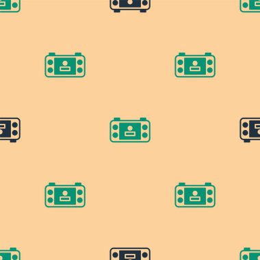 Yeşil ve siyah taşınabilir oyun konsolu simgesi bej arka planda izole edilmiş kusursuz desen. El bilgisayarı oyun konsolu. Vektör