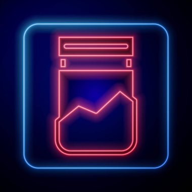 Siyah arka planda izole edilmiş parlak neon plastik uyuşturucu ikonu torbası. Sağlık tehlikesi. Vektör