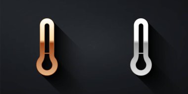 Altın ve gümüş Meteoroloji termometresi siyah arkaplanda izole edilmiş ikonu ölçüyor. Termometre termometresi sıcak ya da soğuk hava gösteriyor. Uzun gölge tarzı. Vektör