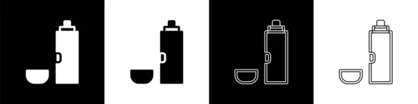 设置在黑白背景上隔离的热水瓶图标 热水瓶图标 露营和远足装备 — 图库矢量图片