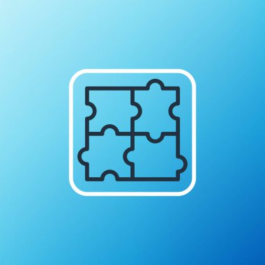 Psikoloji ikonundaki soruna çizgi çözümü mavi arka planda izole edildi. Bulmaca. Akıl sağlığı terapisi. Renkli taslak konsepti. Vektör.