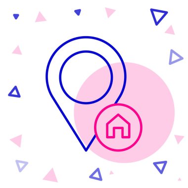 Beyaz arkaplanda ev simgesi olan çizgi haritası işaretçisi. Ev konumu belirleyici sembol. Renkli taslak konsepti. Vektör.