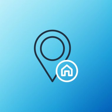 Mavi arkaplanda ev simgesi olan çizgi haritası işaretçisi. Ev konumu belirleyici sembol. Renkli taslak konsepti. Vektör.
