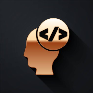 Altın Web tasarımı ve ön uç geliştirme simgesi siyah arkaplanda izole edildi. Uzun gölge tarzı. Vektör.