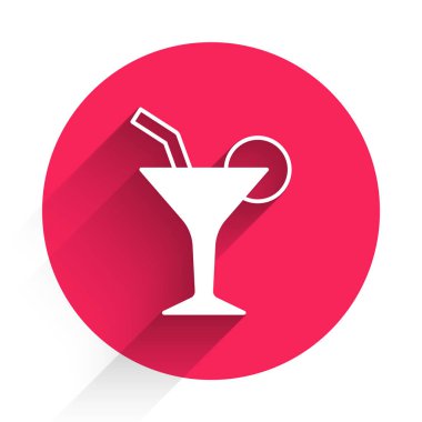 Beyaz kokteyl ve alkol ikonu uzun gölgeli bir arka plan. Kırmızı daire düğmesi. Vektör.