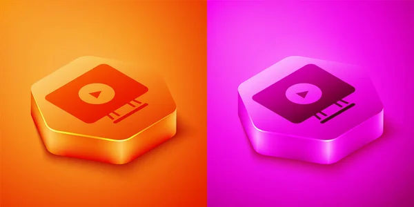 Isometrische Online Wiedergabe Video Symbol Isoliert Auf Orange Und Rosa — Stockvektor