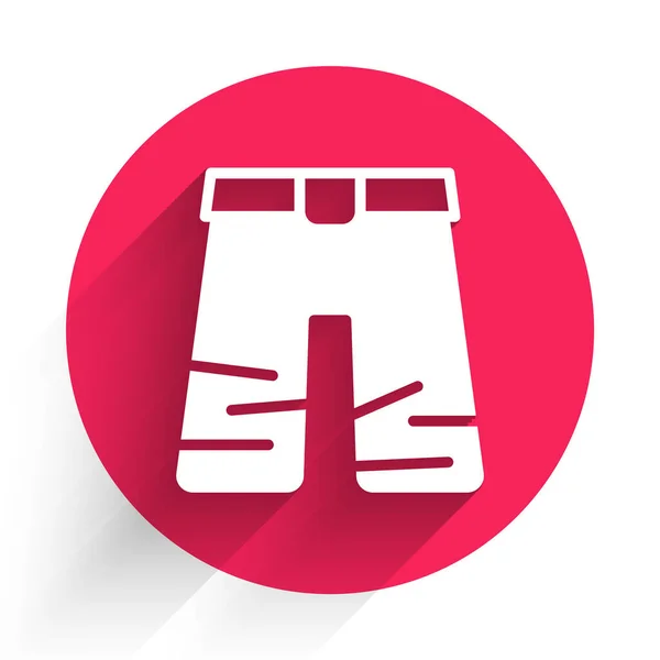 白色宽裤子图标隔离长阴影背景 裤子的签名 红圈按钮B — 图库矢量图片
