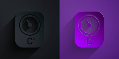 Kağıt kesiği sauna termometre simgesi mor arkaplanda siyah üzerine izole edilmiş. Sauna ve banyo malzemeleri. Kağıt sanatı tarzı. Vektör.