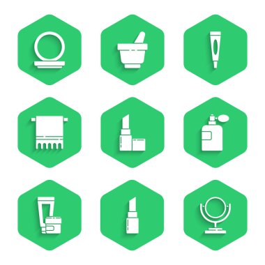 Ruj, yuvarlak makyaj aynası, parfüm kremi, kozmetik tüp havlu askısı ve makyaj tozunu ikon ile ayarla. Vektör.