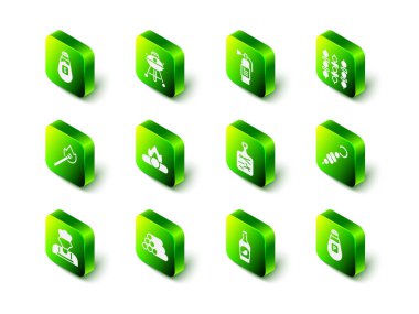 Izgara ızgara yangın söndürücüyü ızgara şiş kebap biber kesme tahtası ketçap şişesini ve tahta kütük ikonunu hazırlayın. Vektör.