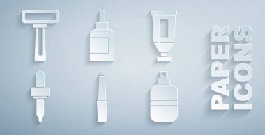 Tırnak törpüsü kremi ya da losyon kozmetik tüp parfümü ve tıraş jileti simgesini ayarla. Vektör.