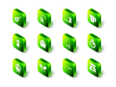 Su musluğu mikrodalga fırını ölçme kabını Stopwatch Scales Chef Saucepan ve Crossed fork ve kaşık ikonunu ayarla. Vektör.