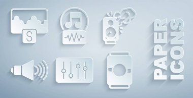 Ses karıştırıcı denetleyicisi Stereo hoparlör hacmi birası nota sesi ve dalga eşitleyici simgesini ayarlayın. Vektör.