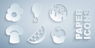 Karpuzlu Donut Mantarlı Kek Tavuk budu ve omlet ikonu. Vektör.