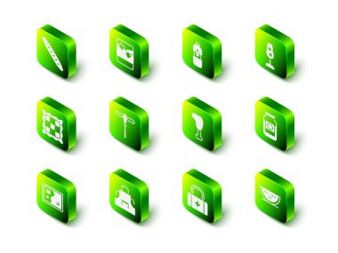 Buzlu viski, cam şarap, reçel kavanozu, karpuz, tavuk bacağı ilk yardım çantası ve mutfak önlüğü. Vektör.