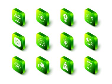 Geri dönüşüm sembolünü, Dünya küresindeki yaprak lambası elektrik prizi ve çöp poşeti çöp poşeti geri dönüşümü ve El tutuş simgesi ile ayarla. Vektör.