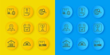 Satır Depo Takvimi 'ni işaretli kutucuk işaretsiz sembolle ayarla Kırık cam teslimat paketi güvenlik kalkanı büyüteci ve Belge takip sistemi simgesi simgesi. Vektör.