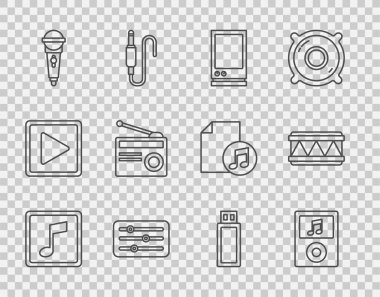 Satır Müzik notası nota çalıcı ses düzenleyici asistanı ses karıştırıcı denetleyici anten USB flash disk ve davul simgesi ile mikrofon radyo ayarla. Vektör.