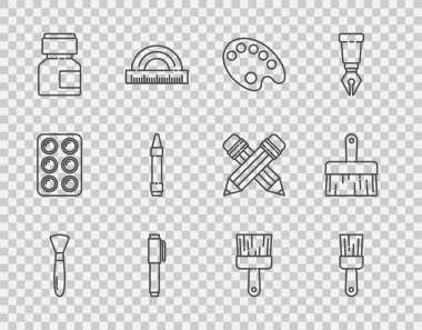 Çizgi fırça fırçası Palet Boya Kavanozu Boya Kavanozu Boya Cilasını çizim ve simge için ayarla. Vektör.