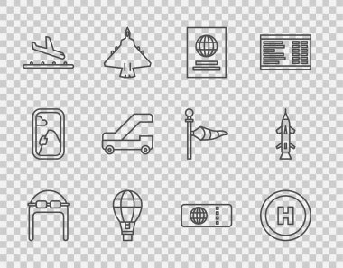 Hat Aviator şapkası ve gözlüklü Helicopter iniş pisti Pasaport Sıcak Hava Balonu Yolcu merdiveni uçak bileti ve Roket ikonu. Vektör.