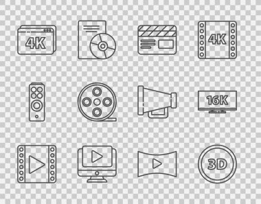 Line Play Video 3D kelime Movie clapper Online video ile 4k film makarası ve Screen TV 16k simgesini ayarlayın. Vektör.