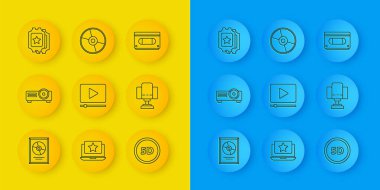 Çerçeve Film Film Ortam Projektörü Online 'da CD disk ödülünü ayarlayın. Sanal gerçeklik yönetmeni Sinema bileti VHS kaset ve DVD ikonu oynatın. Vektör.