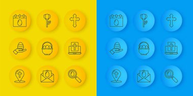 Hristiyan haçı insan eli ve Paskalya yumurtası Basket yumurtası arama işaretçisini dizüstü bilgisayar ekranında Paskalya Hristiyan ve Çiçek lale ikonuna yerleştir. Vektör.