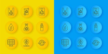 Güneş enerjisi paneli Su Çöp torbasını geri dönüşüm temiz su şişesi plastik kağıt ve çöp kutusuyla doldurun. Vektör.