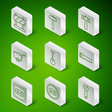 Halat anahtarı elektrik prizi bariyer küreği çekiç ve el testeresi ikonu. Vektör.