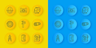 Çizgi Çizim Gear ve oklar iş akışı Calliper kalibreli Belge ayarları kalem zamanlayıcı kemer emniyet başlık dişli anahtarlar ve Grafik kağıt simgesi ayarlayın. Vektör.