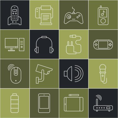 Hat Router ve Wi-Fi sinyallerini ayarla Mikrofon taşınabilir video oyun konsolu kulaklıkları Bilgisayar monitörü Telefon ve Şarj simgesi. Vektör.