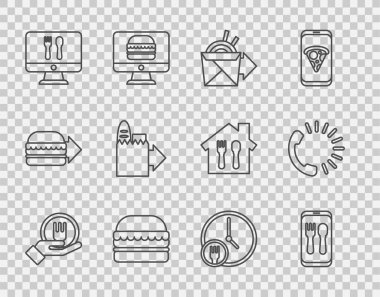 İnternetten erişte siparişi ve teslimatı ayarla. Burger günün her saati ve yiyecek ikonu. Vektör.