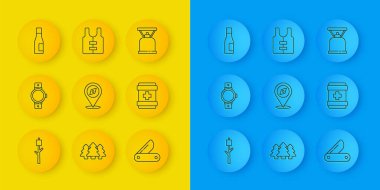 Smartwatch Compass İsviçre çakısına, ilk yardım çantasına, su kampı gaz sobası ve can yeleği ikonuna hat Marshmallow koyun. Vektör.