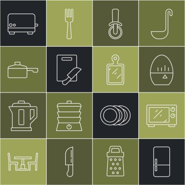 Buzdolabı Mikrodalga fırın fırın, zamanlayıcı pizza bıçağı kesme tahtası, kızartma tavası ve ikon. Vektör.