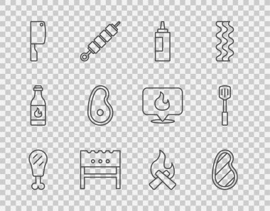 Tavuk budu bifteği, et sosu, barbekü, barbekü, brazier, et ve barbekü spatula ikonu. Vektör.