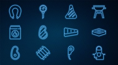 Mutfak önlüğü biftek et, barbekü kömür torbası sosis ve termometre ikonu. Vektör.