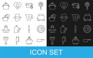 Sabit hat Saucepan yumurtalı tost makinesi hamurun üzerinde rulo iğne ve ölçü kabı ikonu. Vektör.