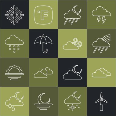 Rüzgar türbini Bulut Gökkuşağı 'nı bulut ve yağmur ayı Umbrella Kar Tanesi ve Rüzgarlı hava ikonu ile hizaya sokun. Vektör.