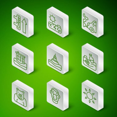 Güneş Surat 'ı koruyucu maskeli, Küresel Isınma Şamandırası' yla Deniz Evi 'ni su bastı. Kuraklık Kutup ayısı başı ve okyanus ikonu kirliliği. Vektör.