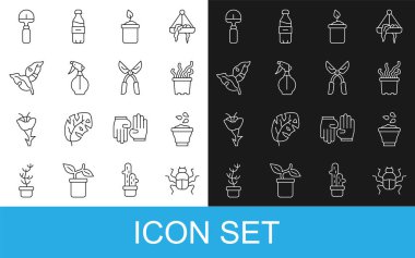 Çizgiyi Böcek Böceği Tohumları kaseye, tropikal bitki tohumu şişesine, tropik yapraklara, küreğe ve bahçe yapımı el yapımı makas ikonuna koyun. Vektör.