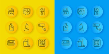 Temizlik görevlisi Sosu şişesi QR güvenlik kamerası, zeytinyağı indirimi, mobil ve saat ikonu için kredi kartı şişesi ayarlayın. Vektör.