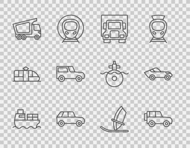 Kargo gemisini, kutuları off road car kargo kamyonu Windsurfing ve ikon ile ayarlayın. Vektör.