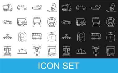 Hattı kurun kargo kamyonu kablolu tren ve demiryolu Rafting botu karavan vagonu ve ikon. Vektör.