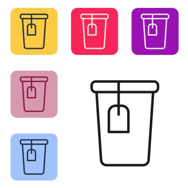 Black line Cup with tea bag icon isolated on white background. Set icons in color square buttons. Vector.