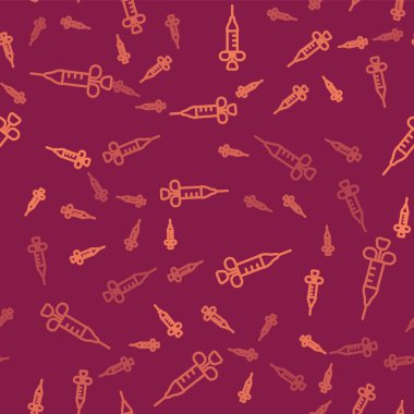 Kahverengi çizgi şırınga simgesi kırmızı arkaplanda izole edilmiş. Aşı için şırınga, aşı, iğne, grip aşısı. Tıbbi ekipman. Vektör.